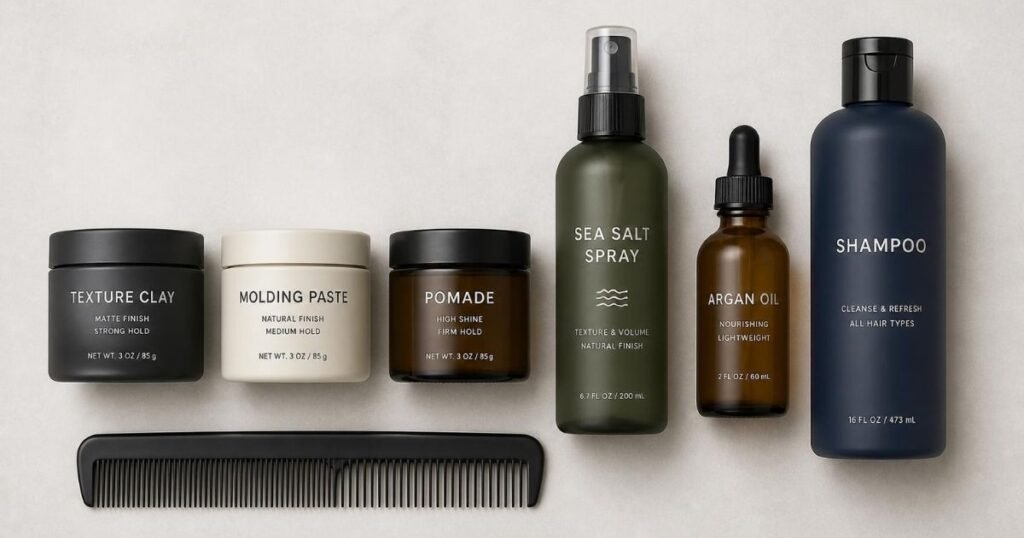 Flat lay of hair styling products including clay, pomade, sea salt spray, and argan oil for a low fade haircut