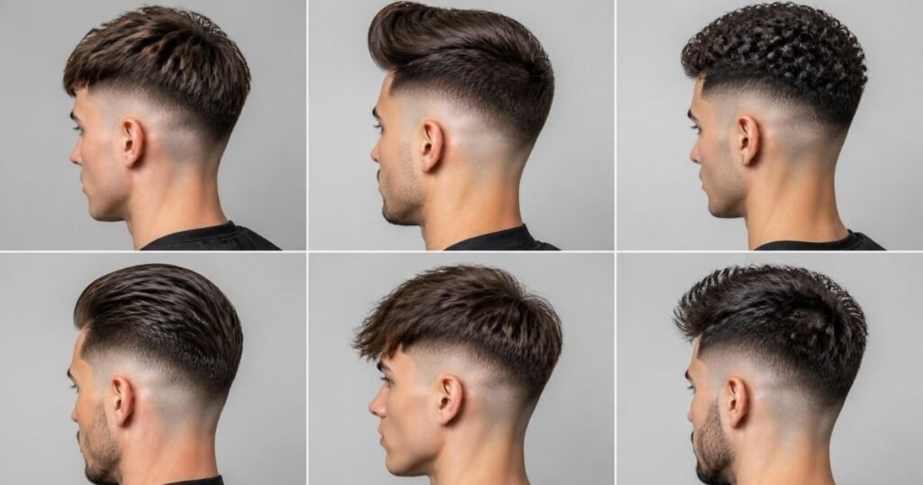 Grid of six different men's skin fade haircuts showing variation in fade height and top styling