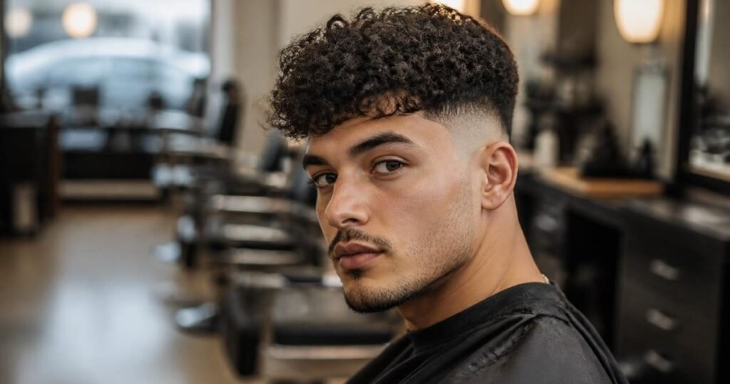 Man with natural curly hair on top and a high skin fade at the sides, an example of current fade styling direction