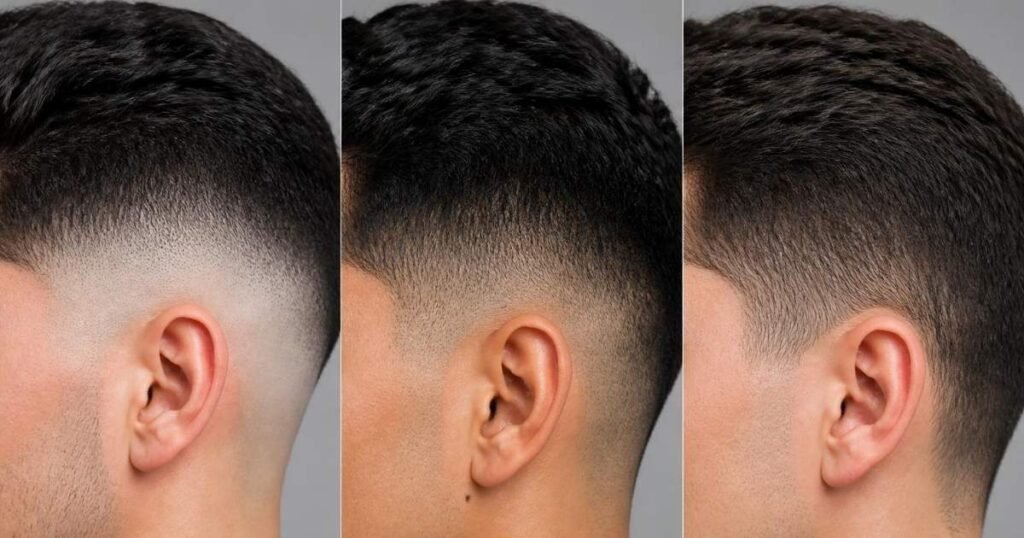Comparison of a skin fade, shadow fade, and taper haircut at the same fade height