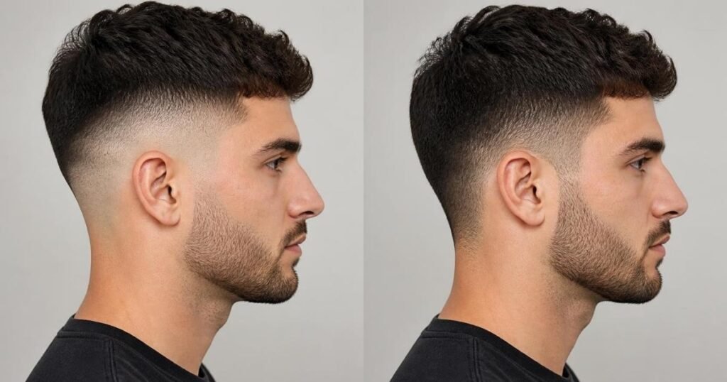 Side-by-side comparison of a skin fade and a taper fade haircut showing the difference in visible skin