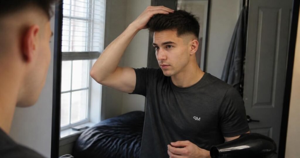 Man applying styling product and using a blow dryer to style a low fade haircut