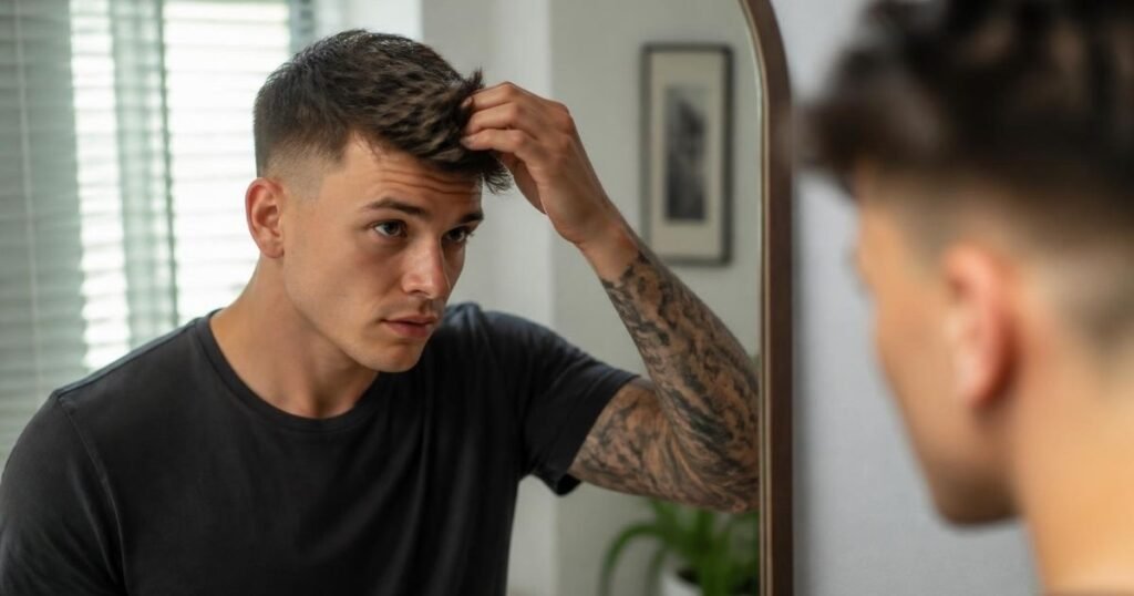 Man applying styling product to the top of his hair to style a high fade haircut