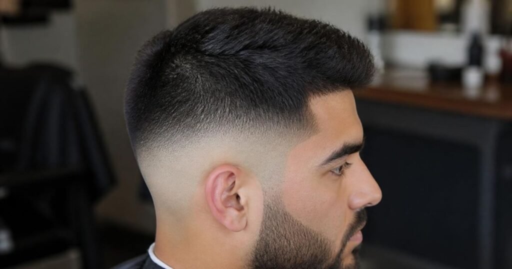 Haircut combining a gradual taper on top with a sharper fade near the hairline, illustrating a taper fade