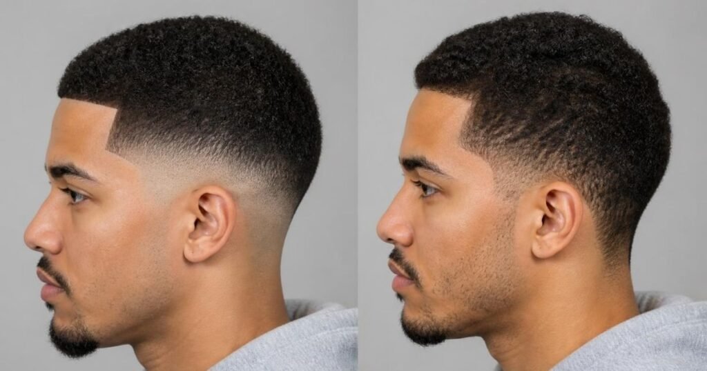 Comparison of a freshly cut fade haircut next to a grown-out fade showing how the style changes over time