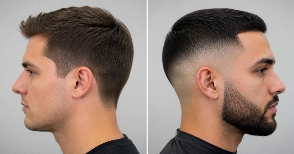 Side-by-side comparison of a taper haircut and a fade haircut showing the difference in blend and contrast