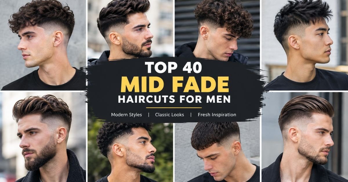 Collage of men's mid fade haircut featuring curly, textured, straight, fringe, crop, and slicked-back styles