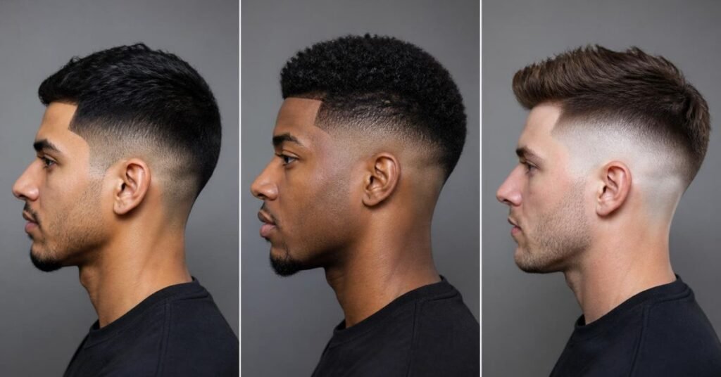 Three side-profile portraits comparing low, mid, and high skin fade haircut placements