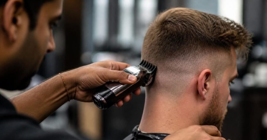 Close-up of a barber's clippers blending hair gradually into a fade haircut