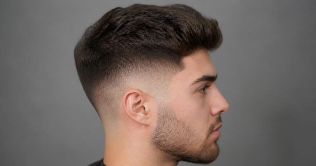 Side profile of a man's mid fade haircut showing the fade starting at the temple