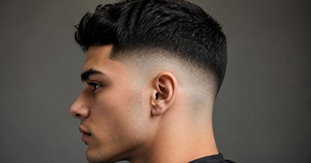 Side profile of a skin fade haircut showing the gradual blend from bare skin near the ear up to short hair above the natural hairline