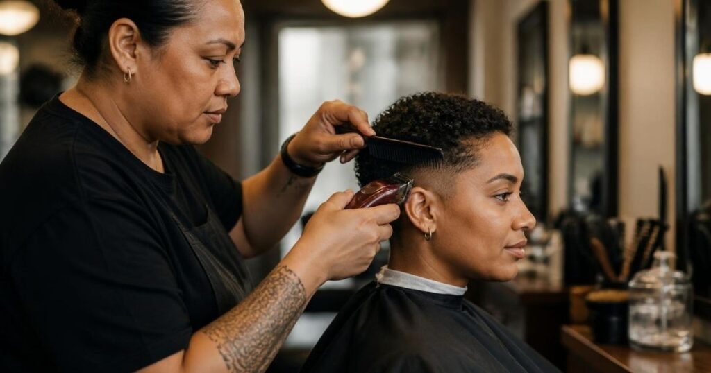 Barber carefully blending a fade on a seated client in a clean, well-kept barbershop