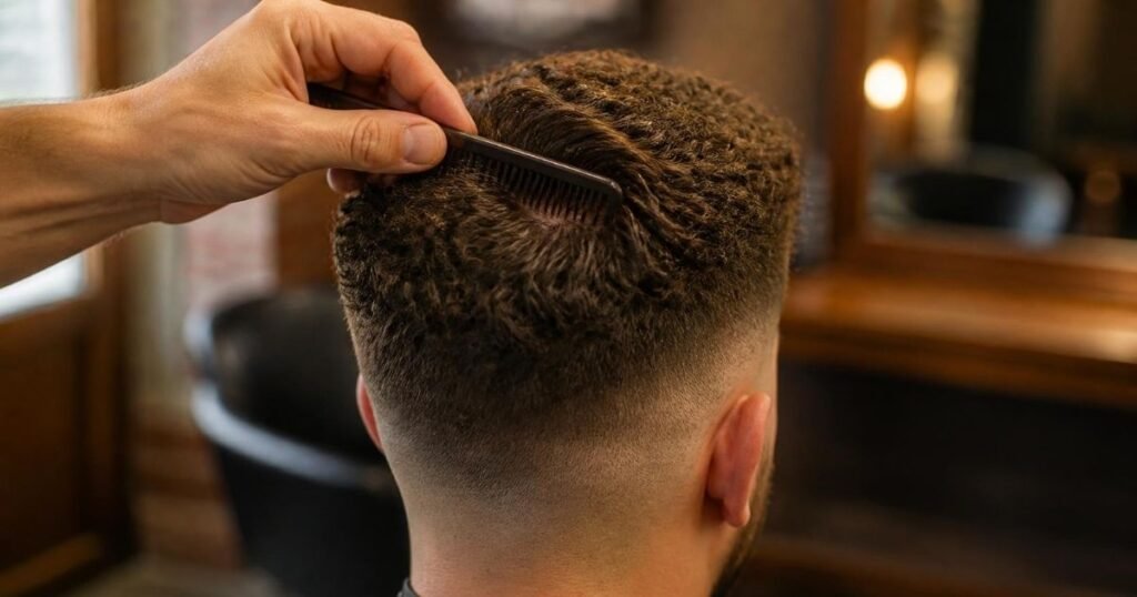 Barber lifting a section of curly hair at the crown to check density and growth direction on a high-faded cut.