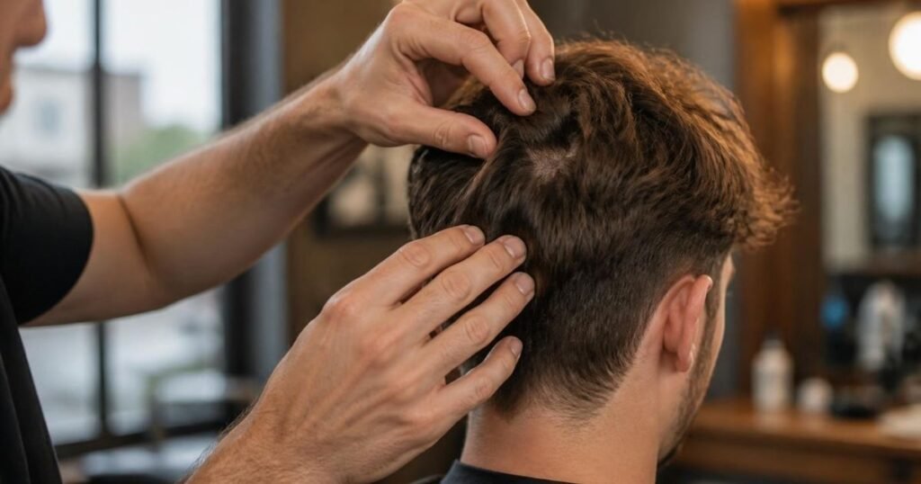Barber’s fingers parting a client’s hair at the crown to check growth direction and density before choosing a haircut