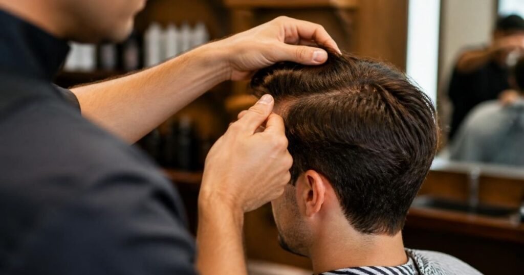 A close-up of a barber examining a client’s front hairline and growth pattern, the factors this section explains (cowlicks, hairline, density) and the check it recommends before booking a French crop. It shows that suitability depends on the individual’s hair, not a label.