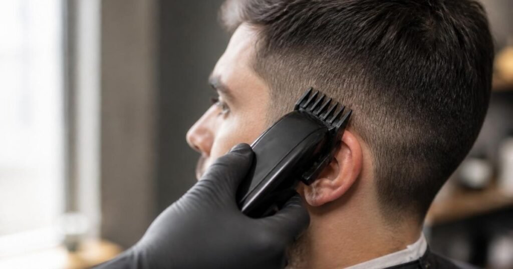 Barber using clippers with a guard attachment to cut a man’s hair short at the side of the head
