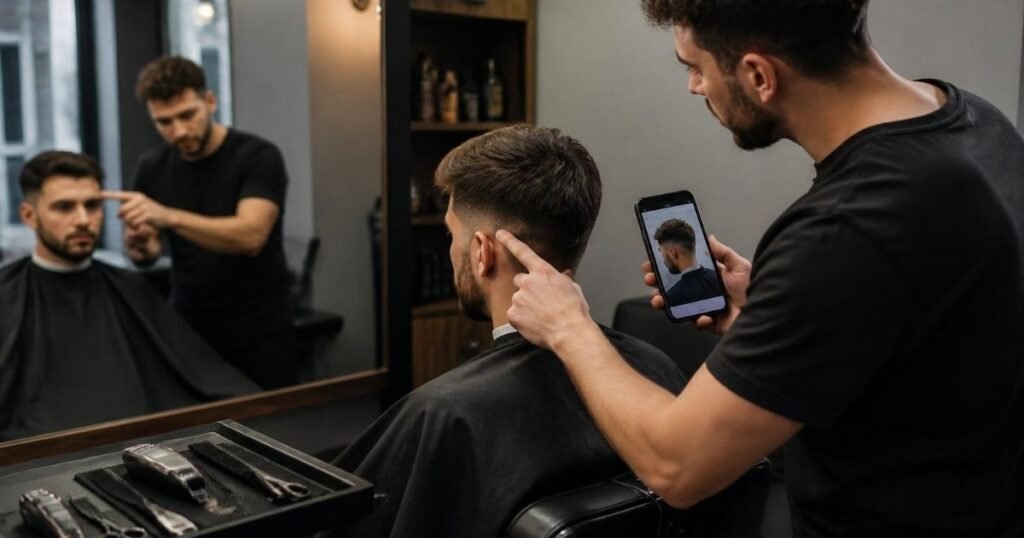 Barber and client discussing a mullet fade while the barber holds a reference photo on a phone