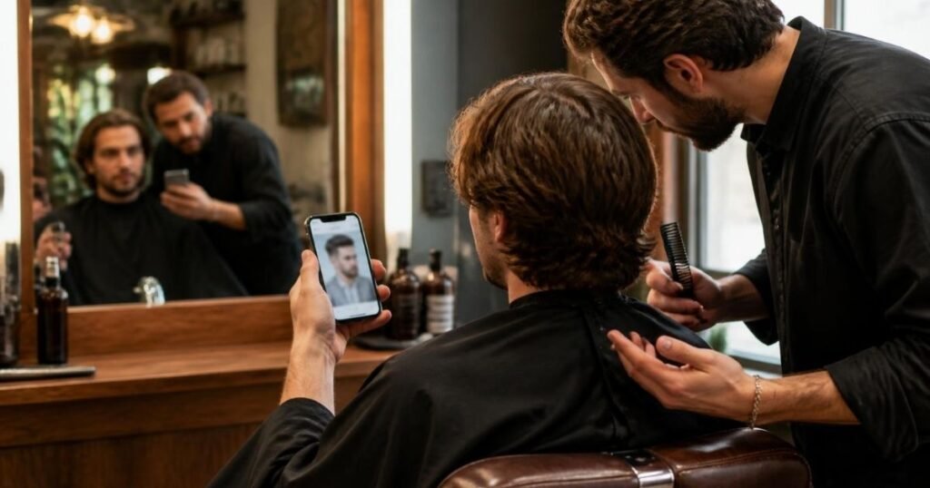 Client showing his barber a reference photo on his phone while discussing an Ivy League haircut in a barbershop