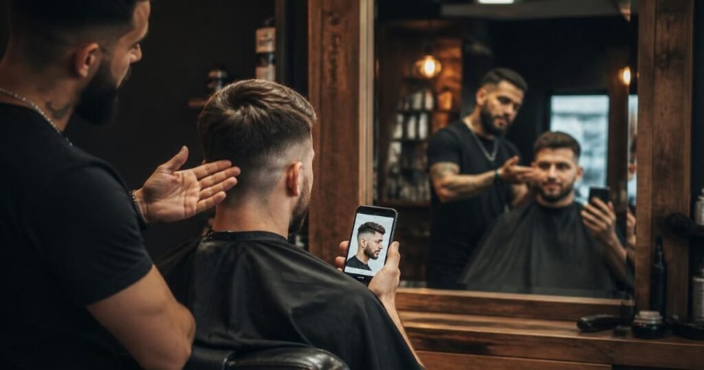 Client showing a reference photo on his phone to a barber during a haircut consultation in front of a barbershop mirror