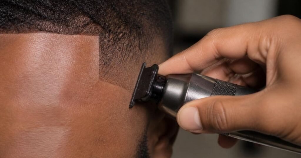 Close-up of a barber using a small trimmer to shape a crisp line-up along a client's forehead hairline and temple