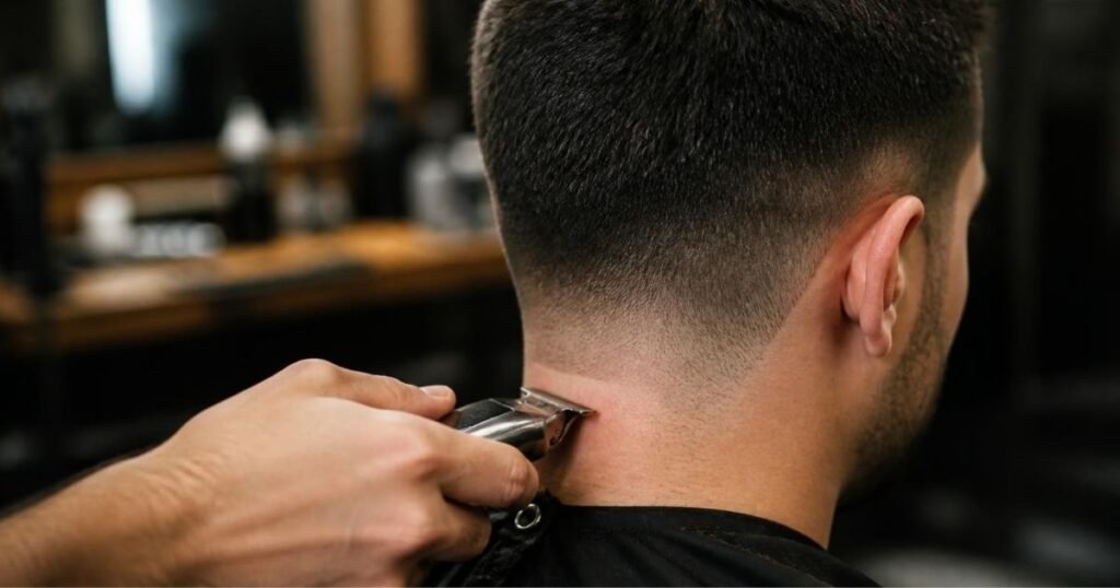 Barber using a trimmer to clean up the neckline on a short tapered haircut