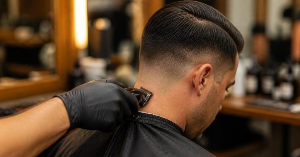 Barber using a trimmer to refresh the neckline and fade on the back of a man’s head to maintain a comb over haircut