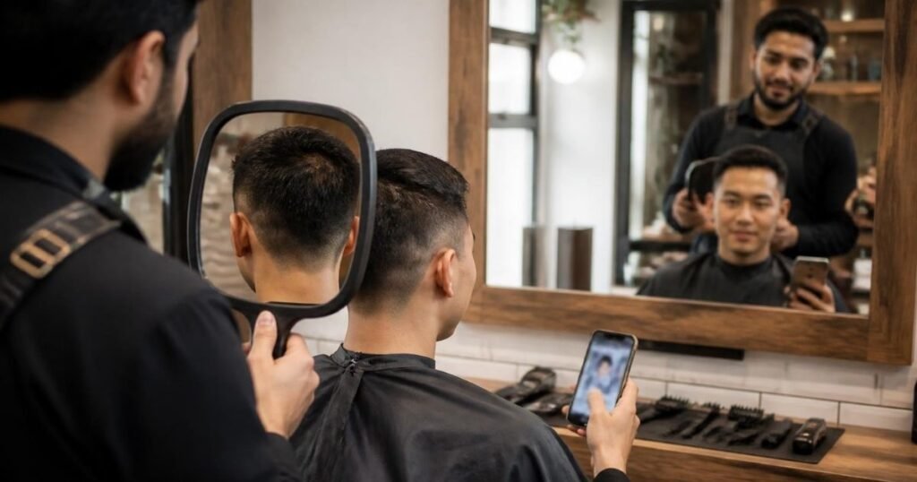 Barber holding a hand mirror behind a seated client so he can check the neckline and fade while discussing a slicked-back haircut
