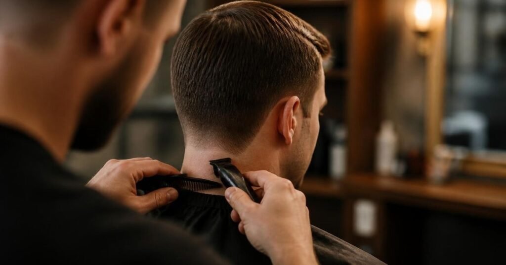 Barber using a small trimmer to tidy the neckline on a client with an Ivy League haircut