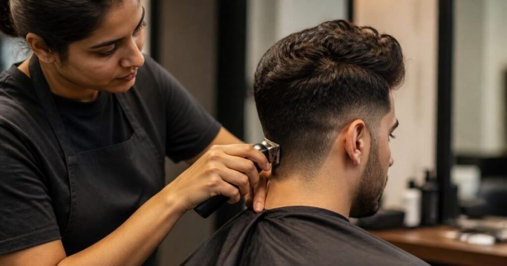 Barber using a trimmer to tidy the neckline and sides of a client's taper while leaving the longer top untouched