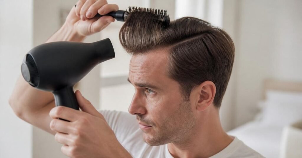 Man blow-drying the top of his hair with a vent brush to set the part and direction of his comb over