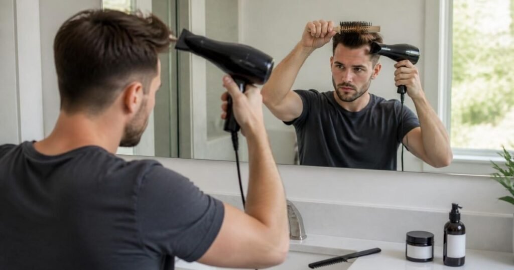 Man blow-drying the front of his hair upward with a round brush at a bathroom mirror