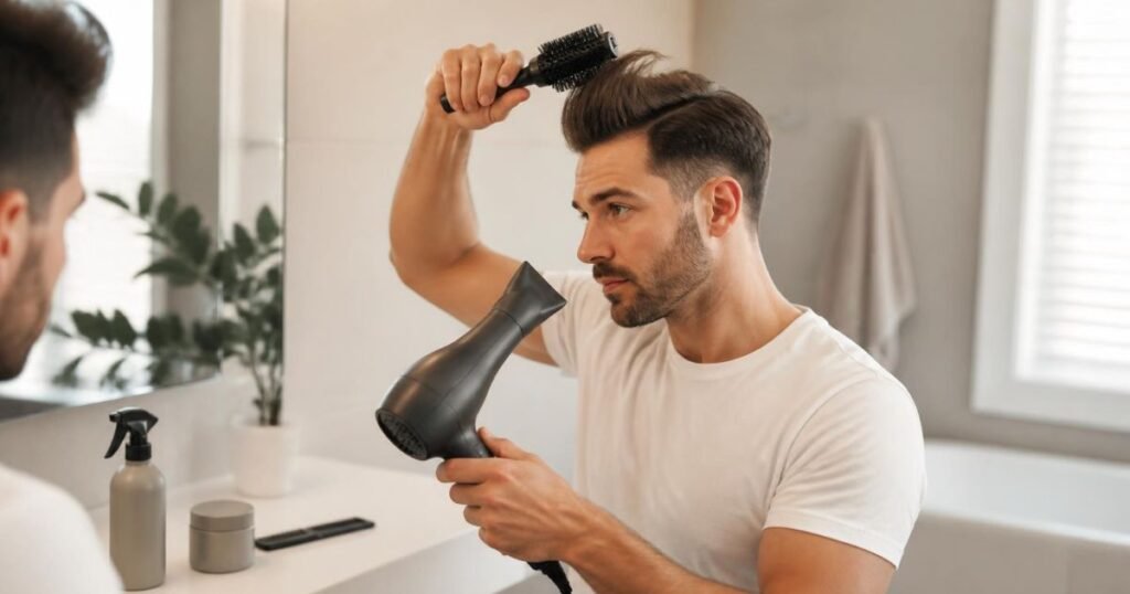 Man blow-drying the top of his hair upward with a round brush in a bright bathroom to create volume