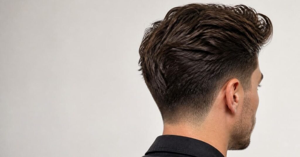 Three-quarter back view of a man's blowout taper fade showing the tapered sideburn and neckline area and the lifted top