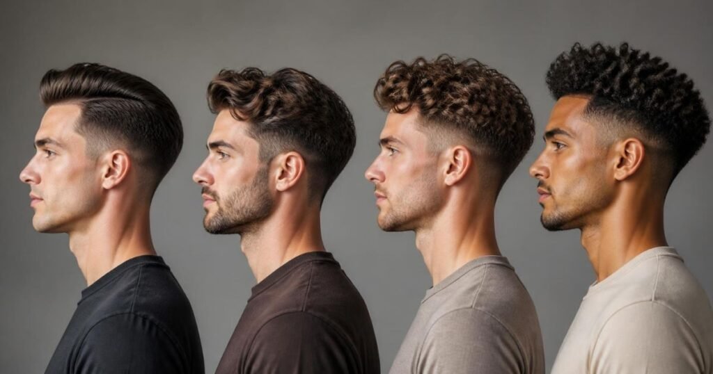 Four men in side profile showing blowout taper fade haircuts with different taper heights and hair textures