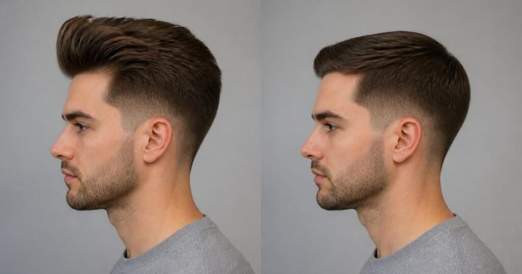 Side-by-side profile comparison of a lifted blowout top and a flatter combed top on the same tapered sides