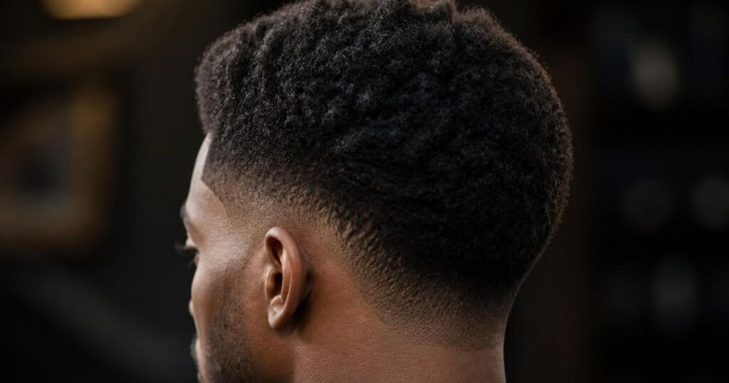 Rear three-quarter view of coily natural hair on top blending into a clean low taper at the ear and neckline.