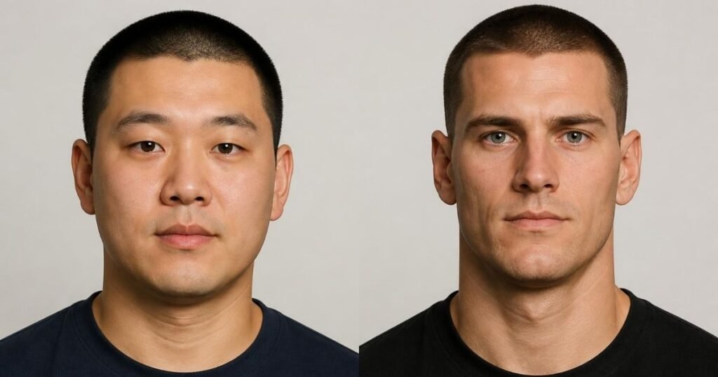 Two men with short buzz cuts, one with a rounder face and one with a squarer jaw, shown front-on side by side