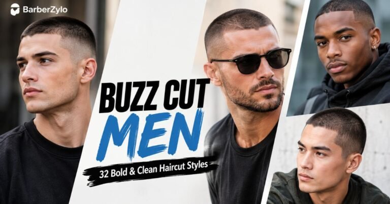 Men’s buzz cut hairstyles featuring clean, short cuts, fades, and textured styles for different hair types.