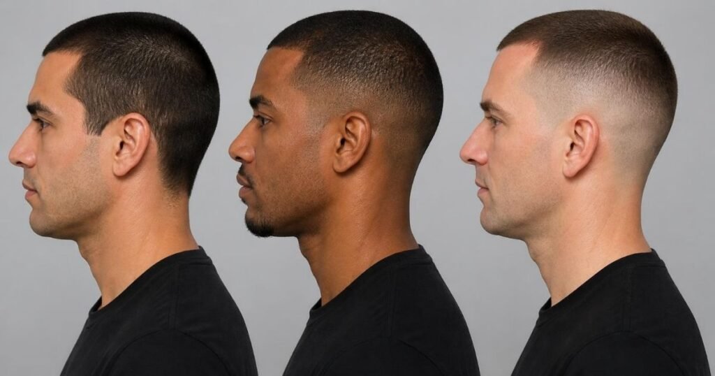 Three side-profile views of buzz cuts for men showing an all-over cut, a tapered cut, and a skin fade