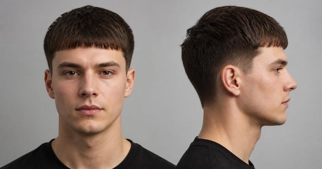 Front and side profile of a man with a Caesar haircut showing the forward-brushed top, short straight fringe and tapered sides