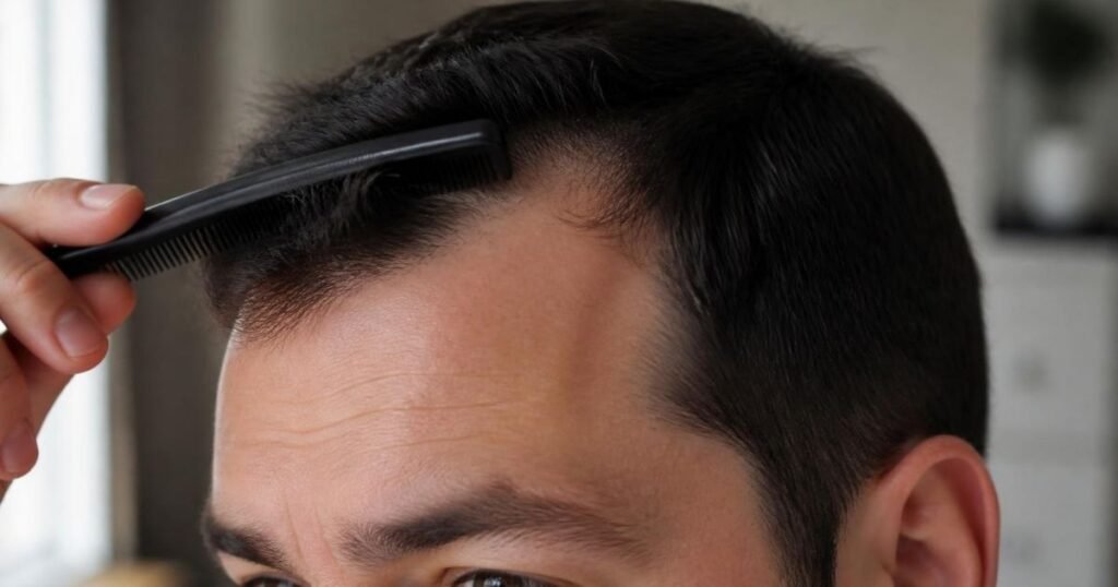 Close-up of a man’s front hairline and forward fringe showing hairline shape and natural growth direction