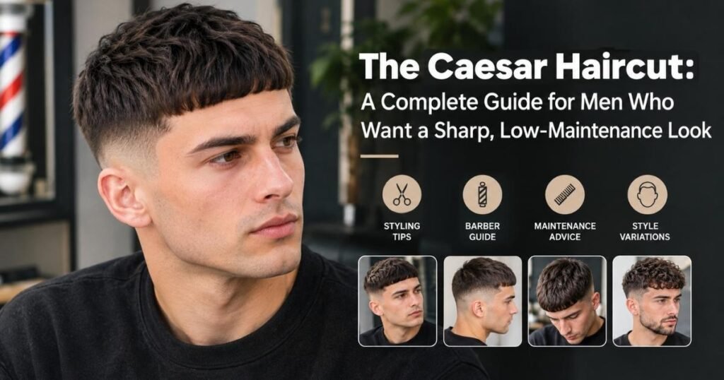 Man with a textured Caesar haircut featuring a short forward fringe and clean fade, showcasing a sharp, low-maintenance men’s hairstyle.