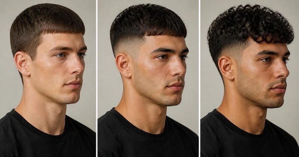 Three men showing Caesar haircut variations: a classic taper, a mid fade with textured fringe and a curly Caesar with short sides