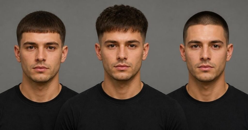 Three men side by side showing a Caesar haircut, a French crop and a buzz cut for comparison