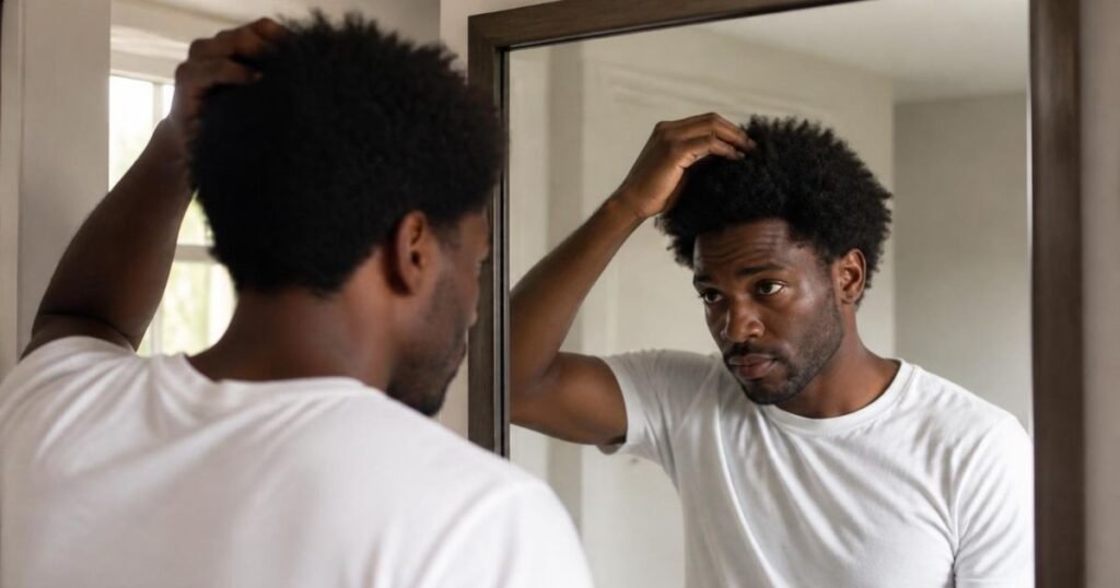 Man checking the length and texture of his natural curls in a mirror while deciding on a low blowout taper.