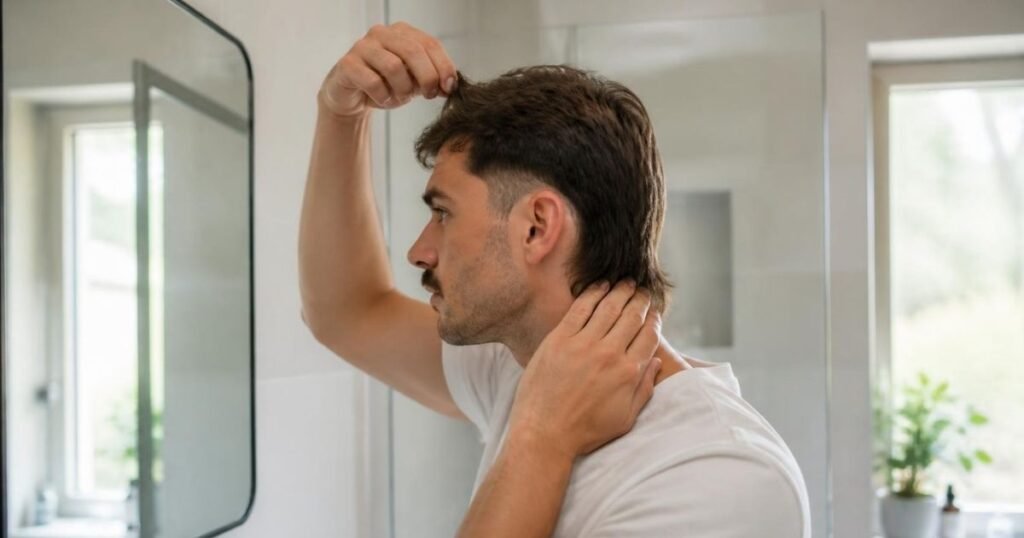 Man at a mirror pinching the hair on top and touching his nape to check if his hair is long enough for a mullet fade