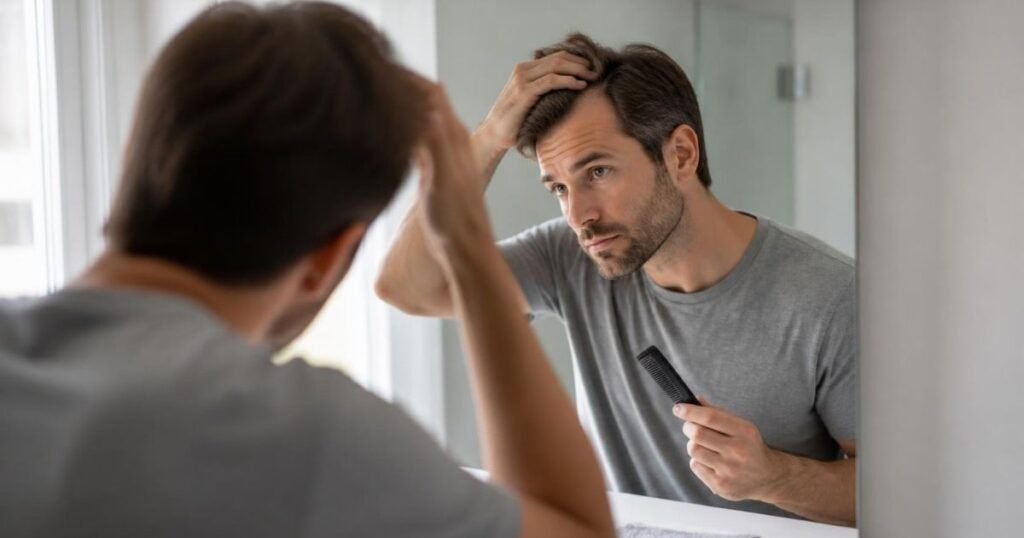 Man in a bright bathroom lifting the hair at his temple to check his hairline and hair density before choosing a comb over
