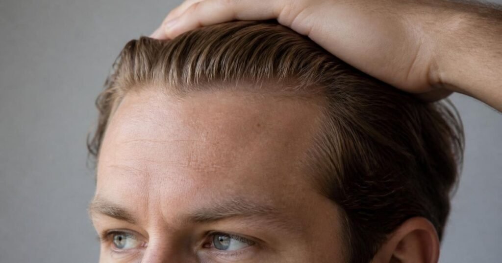 Close-up of a man pushing his dry hair straight back to check his hairline and how his hair sits