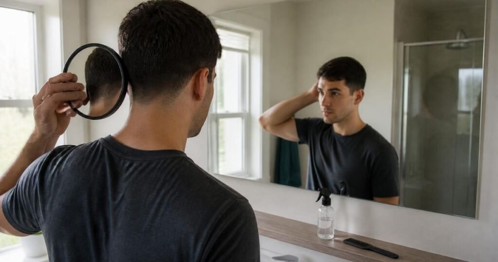 Man checking the tapered neckline at the back of his short haircut with a hand mirror at home