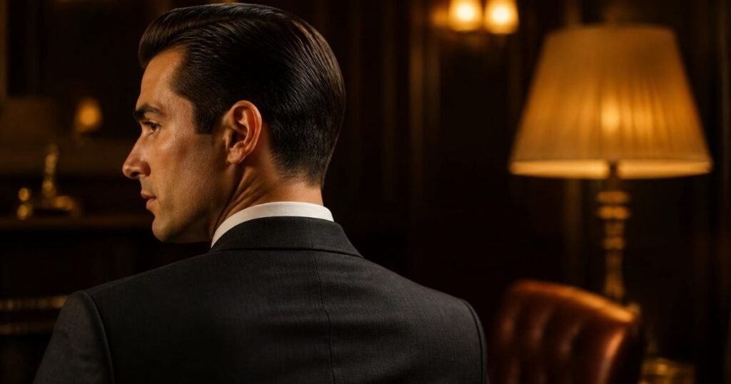 Rear three-quarter view of a man in a dark suit with a classic slicked-back hairstyle, crisp temple edges, and a tapered neckline